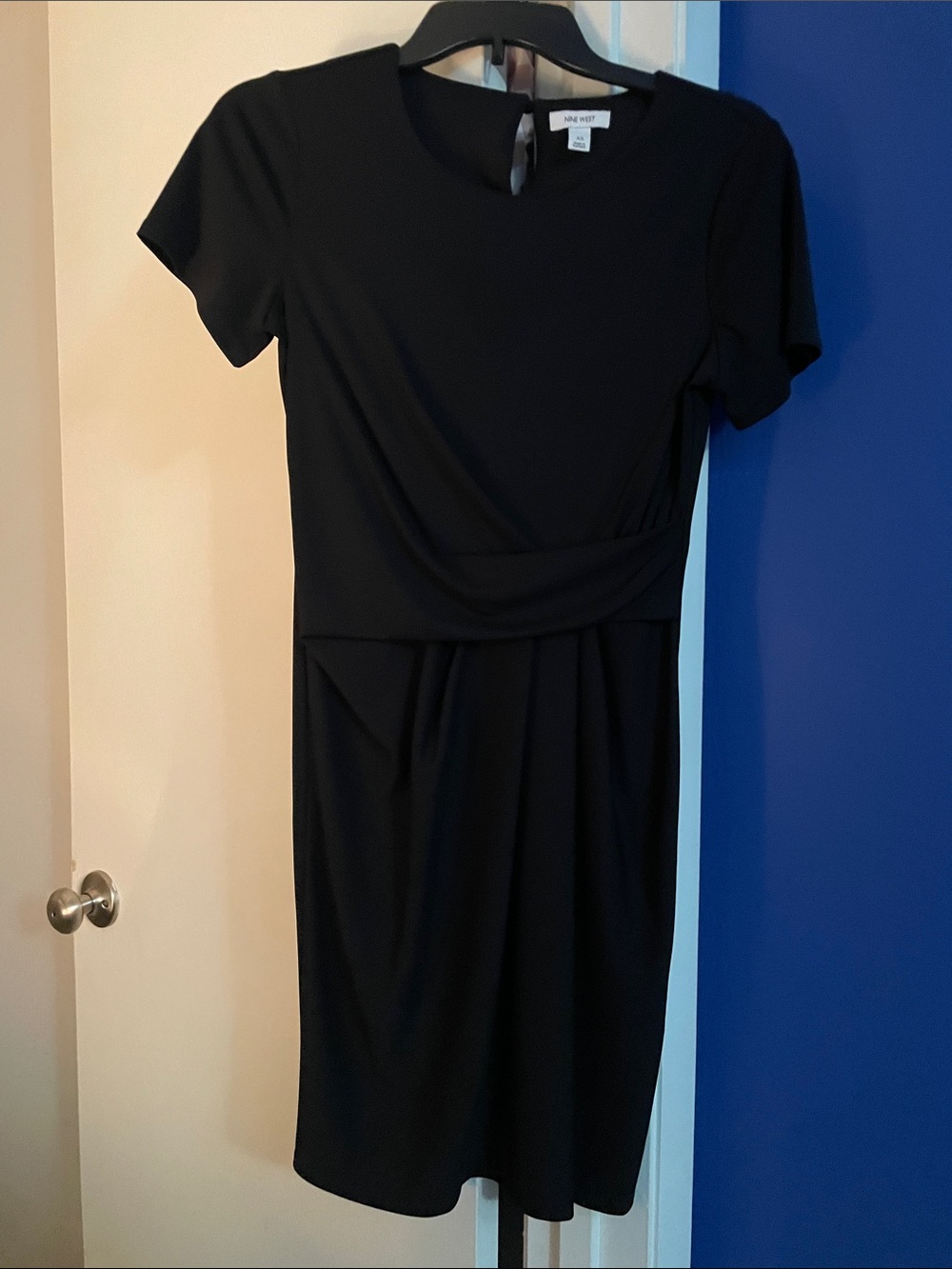 Nine West Black Short-Sleeve Draped Waist Sheath Dress